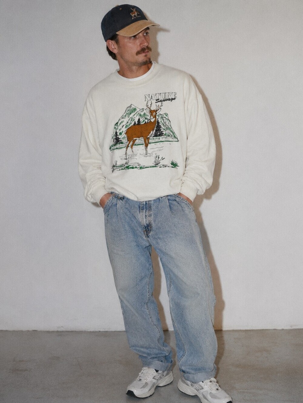 Vintage 90s Deer Mountain Nature Sauvage Graphic Crewneck Sweatshirt White XL
